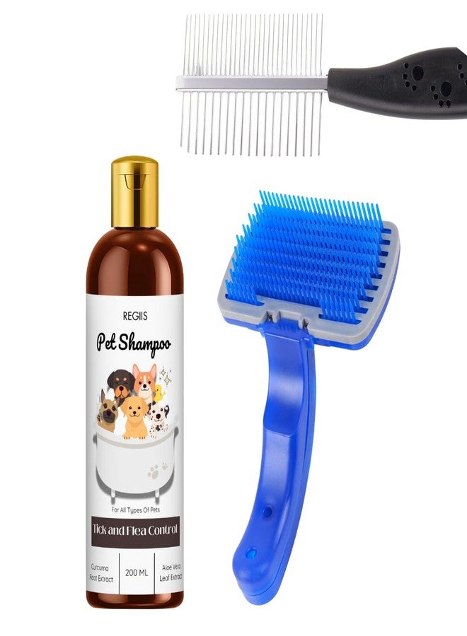 مجموعة العناية بالحيوانات الأليفة مع شامبو لمكافحة القراد والبراغيث 200 مل، وفرشاة ذاتية التنظيف، ومشط معدني، ومكونات طبيعية للكلاب والقطط (عبوة من 3 قطع) - Image 1